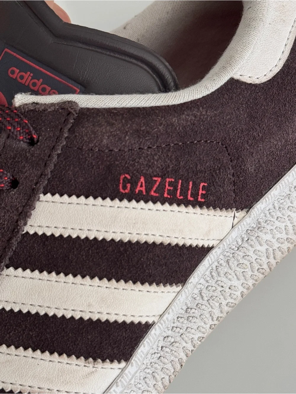 adidas gazelle burgundy, gray Suede Sneakers with Cream Stripes size 7